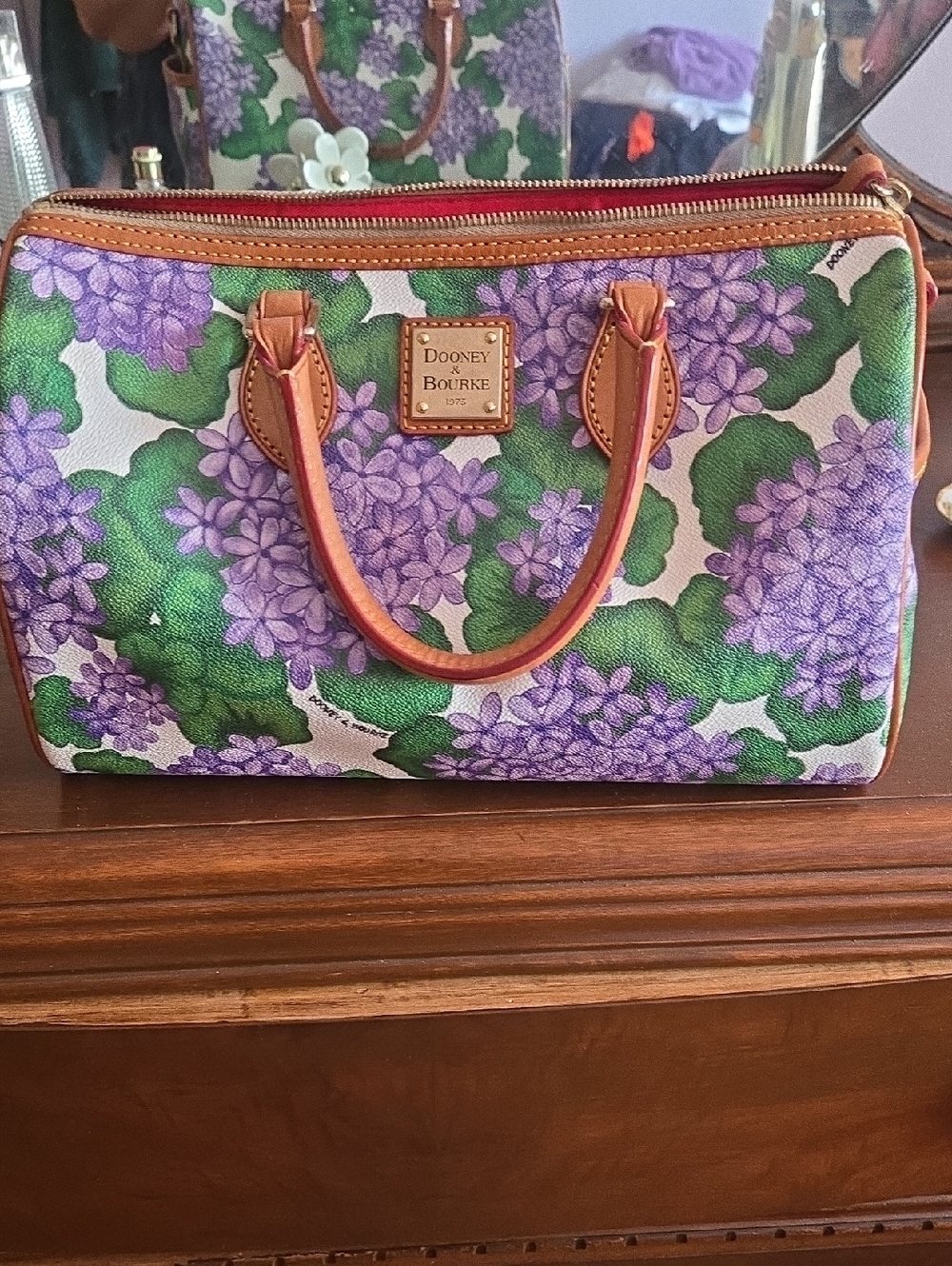 Dooney & Bourke Purple Hydrangea Floral Satchel with Green Print and Tan Trim